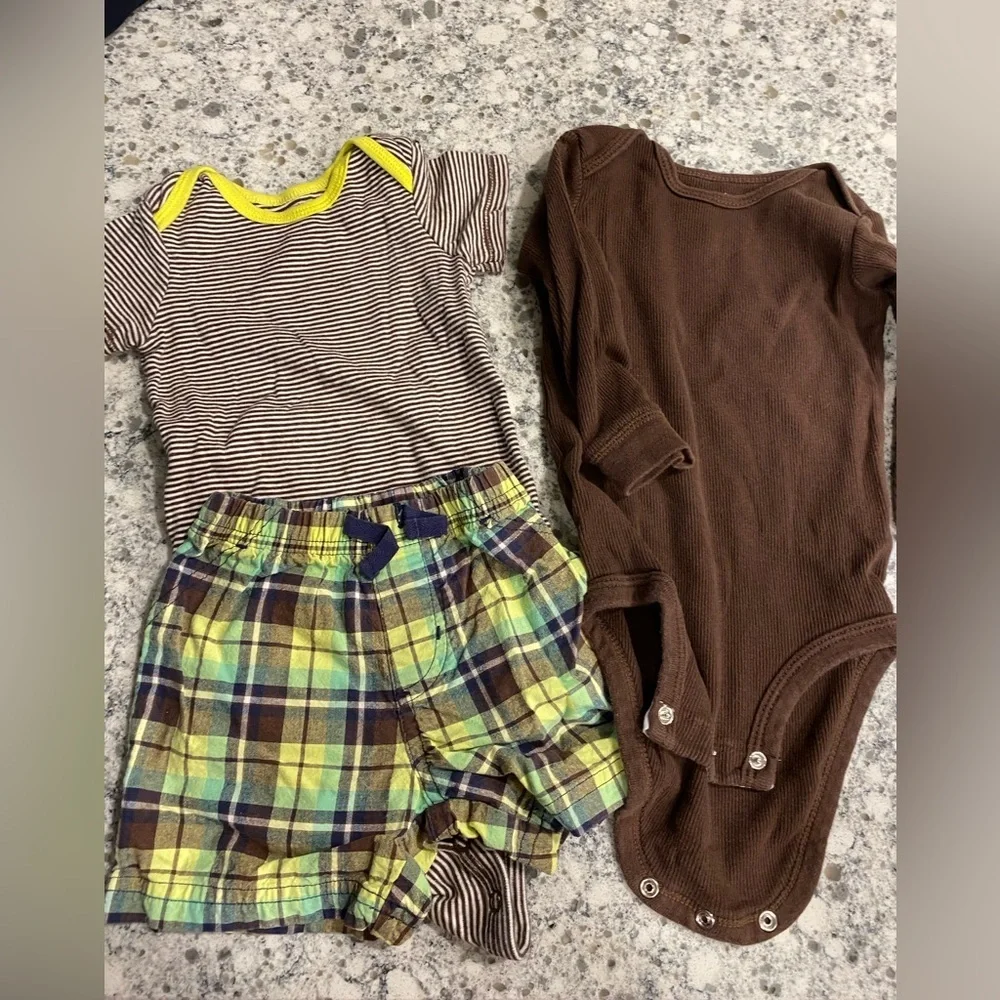 Carters 3 piece set neon green brown shorts top Onsie boys 12 month